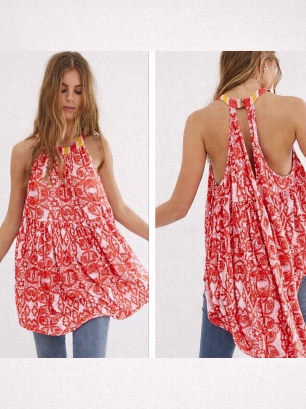 FREE PEOPLE LINEN BLEND FLOWY SLEEVELESS HALTER STYLE TUNIC TOP NWT